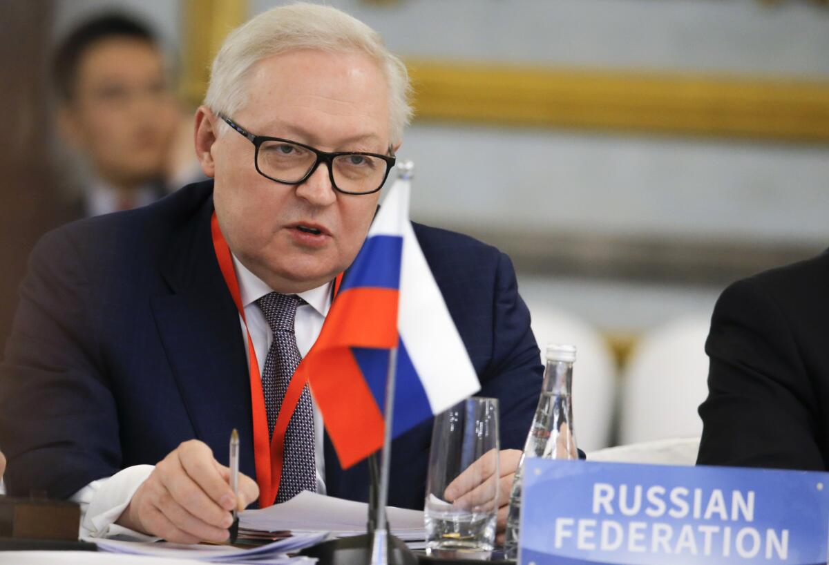 FILE - In this Wednesday, Jan. 30, 2019 file photo, Russian Deputy Foreign Minister and head of delegation Sergei Ryabkov attends a Treaty on the Non-Proliferation of Nuclear Weapons (NPT) conference in Beijing. Russia has offered the U.S. to roll back several rounds of sanctions that have hampered the activities of their diplomatic missions, but reaffirmed its strong opposition to any U.S. military presence in Central Asia. The Russian proposal was made during talks Tuesday, Oct. 12, 2021 between Under Secretary of State Victoria Nuland and Russia's Deputy Foreign Minister Sergei Ryabkov. (Thomas Peter/Pool Photo via AP, File)