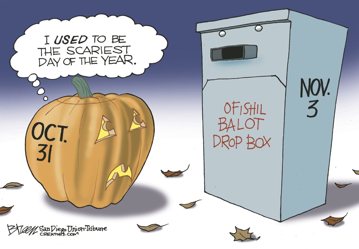 In this Breen cartoon, a jack-o-lantern looks at a ballot drop box and comments about the election