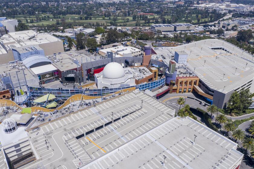 UNIVERSAL CITY, CA - APRIL 28: Drone images of Universal Studios Hollywood and empty parking lots on Tuesday, April 28, 2020 in Universal City, CA. (Brian van der Brug / Los Angeles Times)