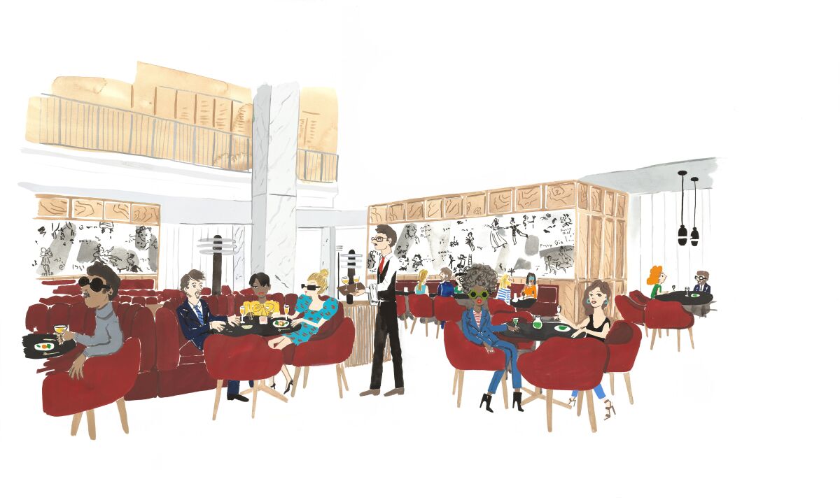 An illustration shows people sitting in a Midcentury Modern-design restaurant with a mural showing movie scenes