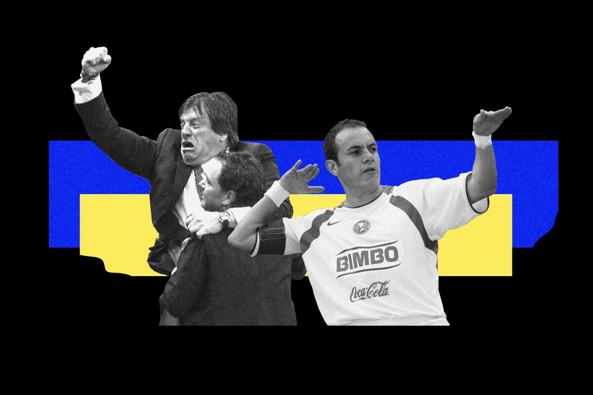 A photo collage of Club America´s coach Miguel Herrera, his assistant and soccer player Cuauhtémoc Blanco