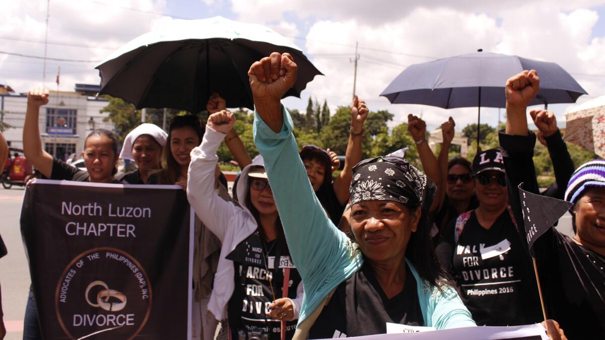 Members and supporters of Pro-Divorce Philippines prepare to march to the Philippine congress in Manila on Aug. 3, 2016.