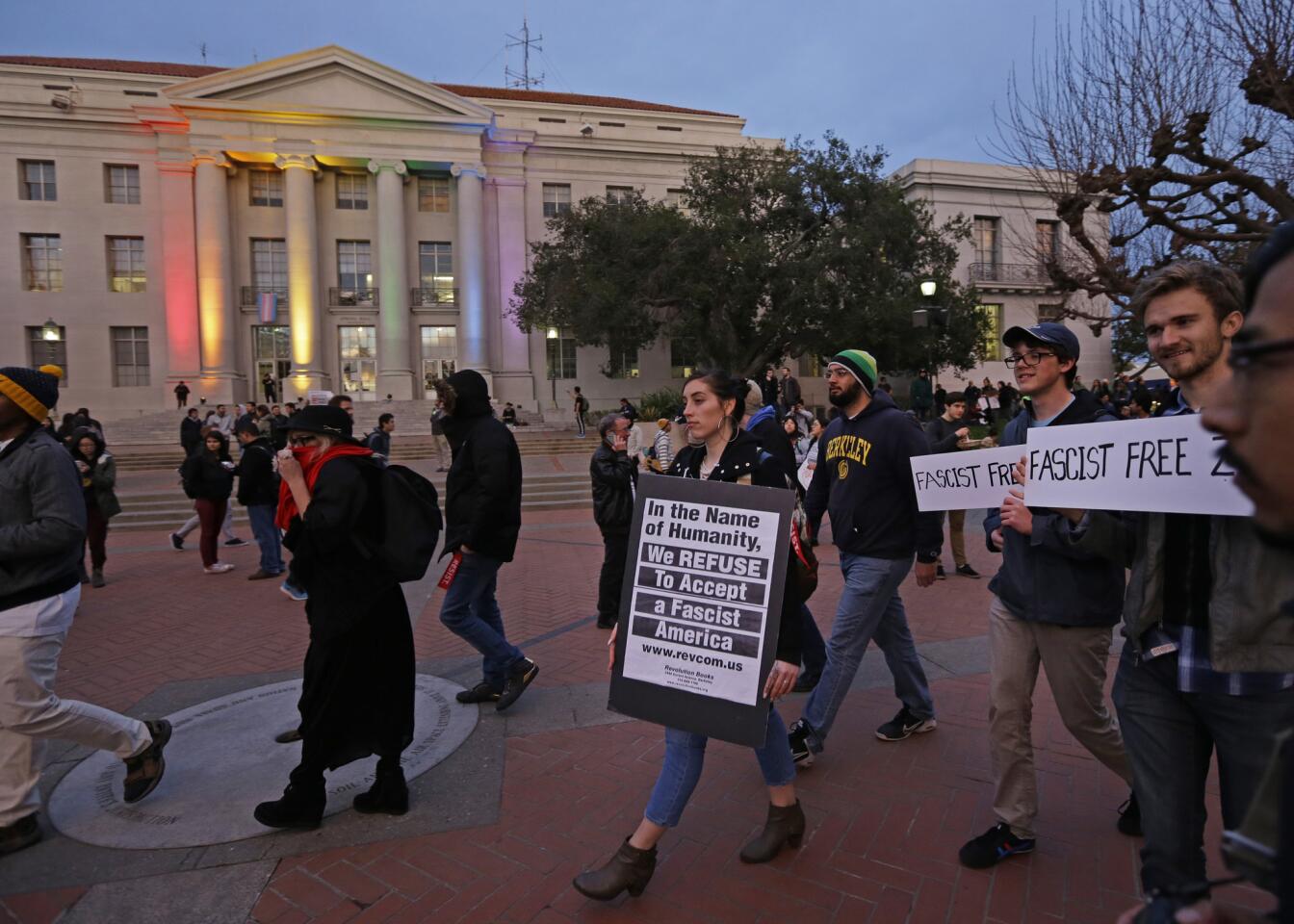 People march in front of Sproul Hall to protest the appearance of Breitbart News editor Milo Yiannop