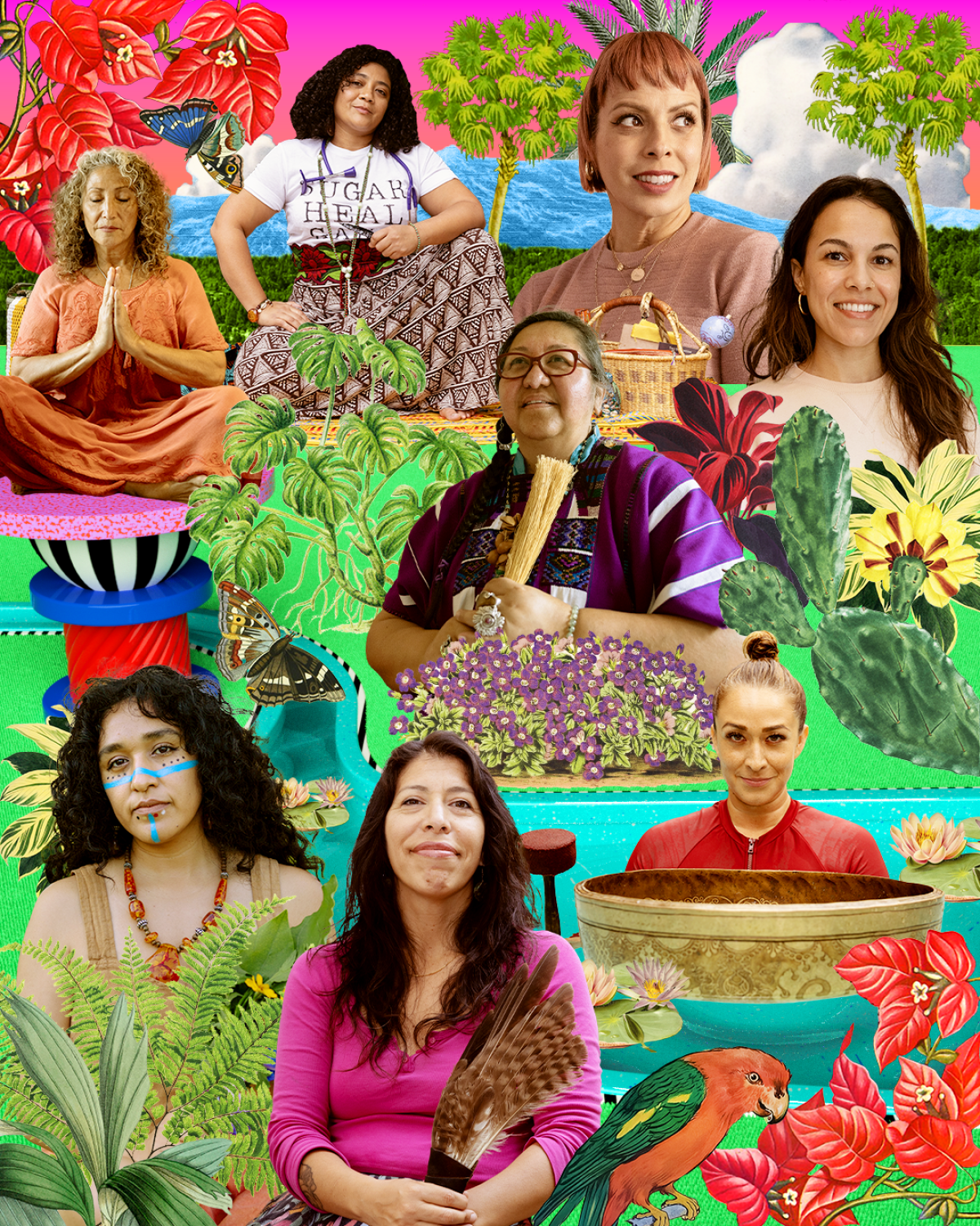 Collage of 8 women among images of plants 