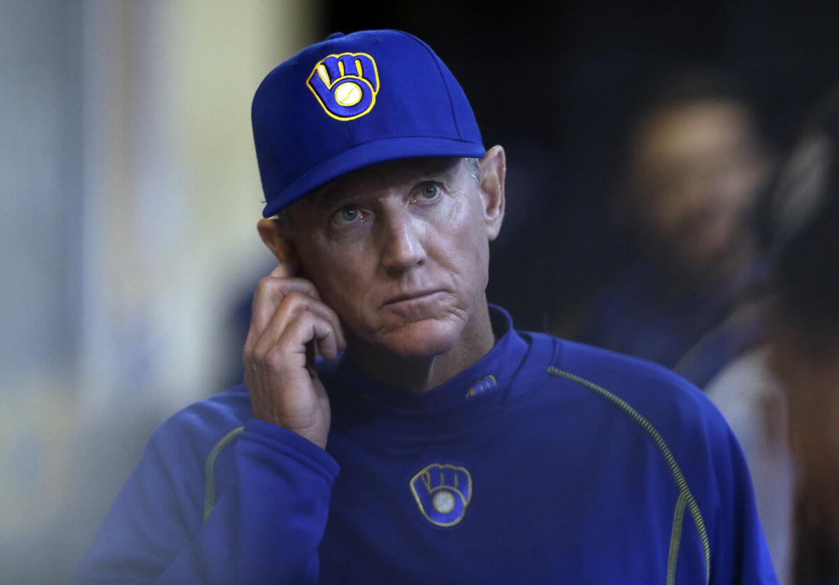 Ron Roenicke, shown in April when he managed the Milwaukee Brewers, will join the Angels as third-base coach for next season.