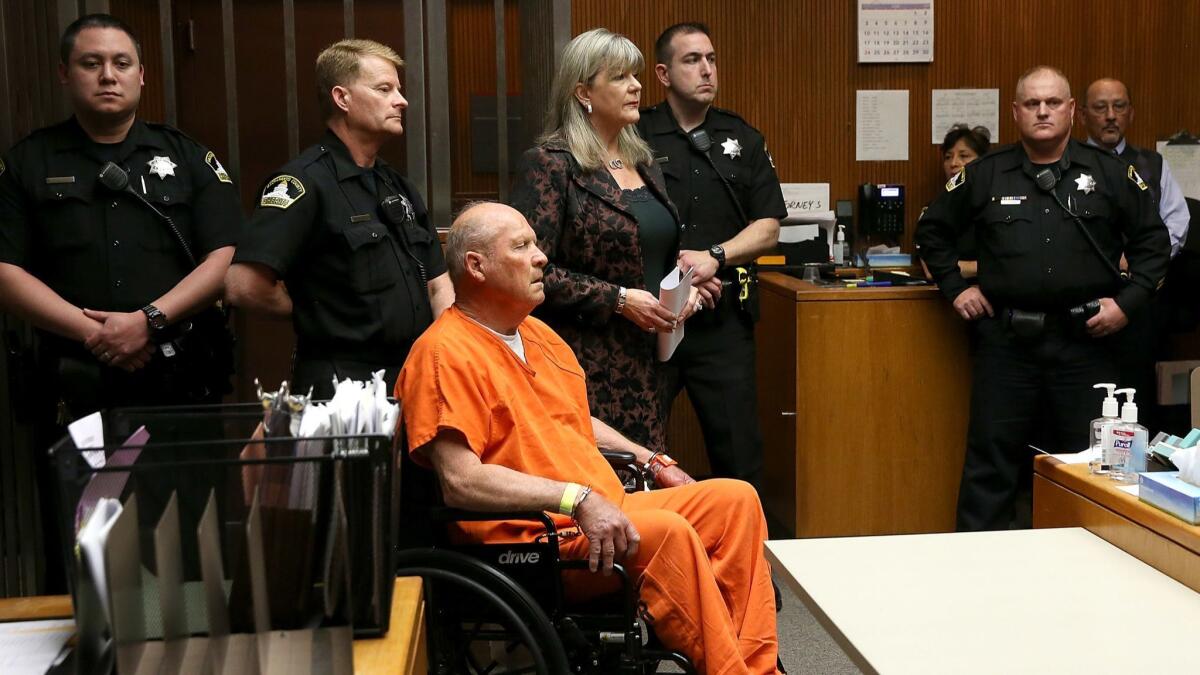 Joseph James DeAngelo Jr., the suspected Golden State Killer, appears in a Sacramento courtroom for his arraignment Friday.