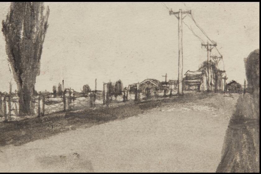 James Castle, "Landscape with Fence-Lined Road," n.d., soot with wash on found paper