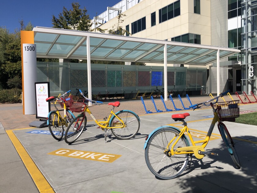 The company's bikes are located outside an office building on the Google campus in Mountain View.