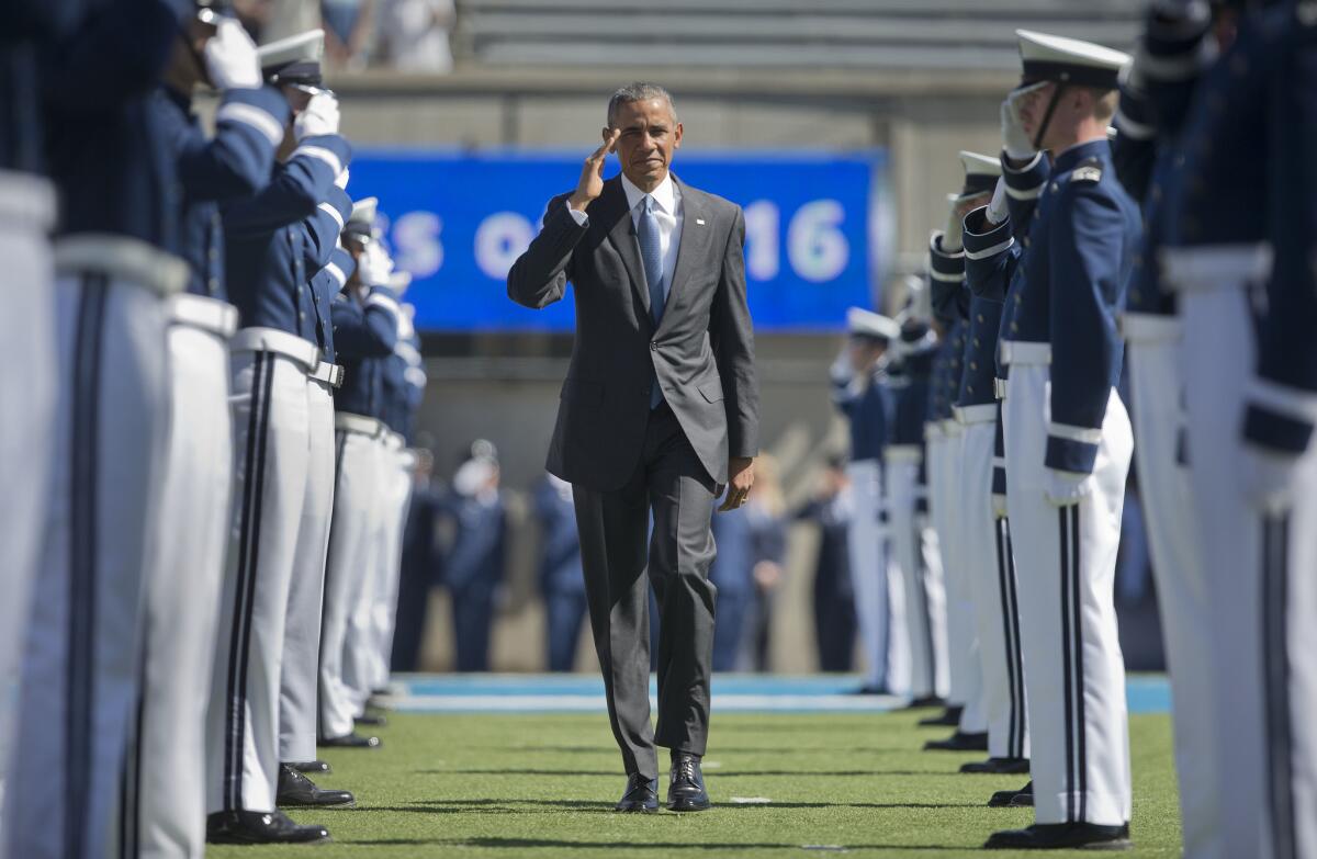 President Obama arrives Thursday at the U.S. Air Force Academy in Colorado Springs, Colo., to deliver his final commencement address of 2016.