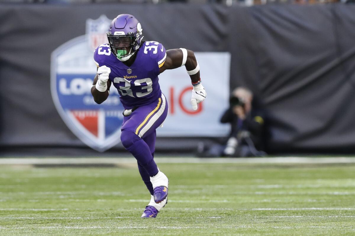 Minnesota Vikings linebacker Brian Asamoah II runs up the field during a game against the New Orleans Saints.