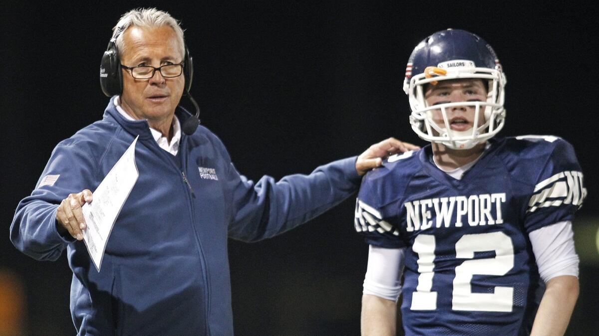 Jeff Brinkley, left, retired as Newport Harbor High's football coach on Tuesday. In his 32 seasons with the Sailors, Brinkley went 244-130-3 overall and won three CIF Southern Section titles and six league titles.