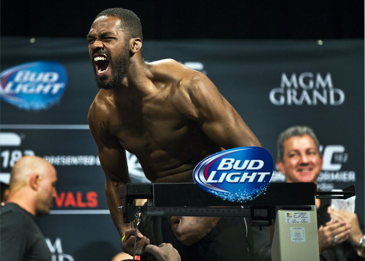 Jon Jones yells during the weigh-in for UFC 182 on Jan. 2, 2015.