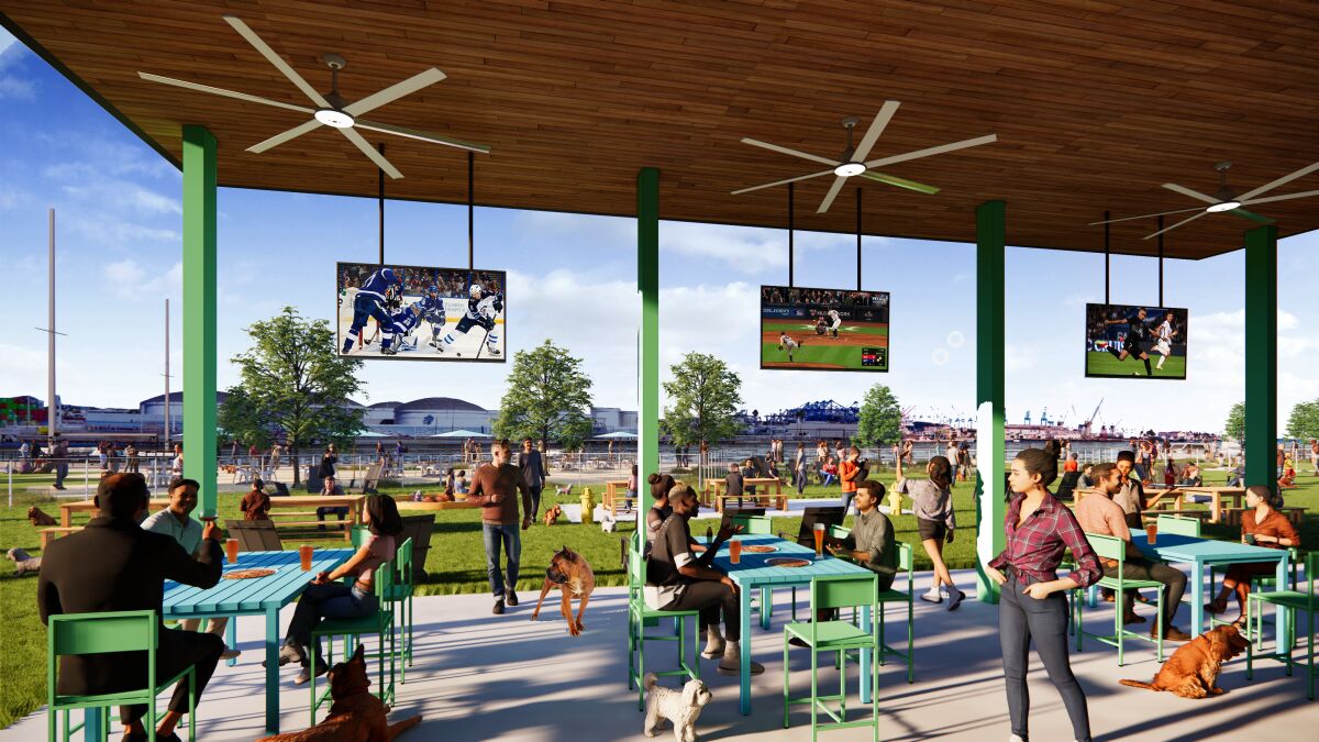 An artist's rendering of people and dogs at a beer garden with picnic tables and flat screen TVs.