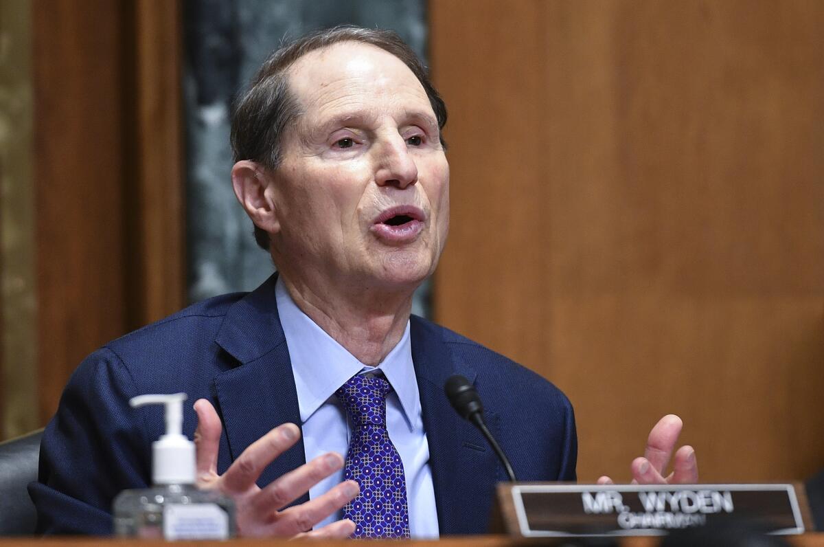 FILE - U.S. Sen. Ron Wyden, D-Ore., speaks during a Senate Finance Committee hearing on Oct. 19, 2021 on Capitol Hill in Washington. Wyden is seeking reelection in the Nov. 8, 2022 election. (Mandel Ngan/Pool via AP, File)