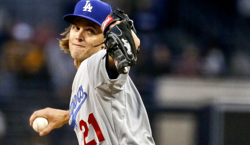 Dodgers starting pitcher Zack Greinke gave up only four hits in seven innings against the Padres on April 24 in San Diego.