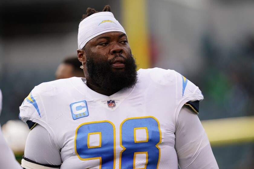 Los Angeles Chargers defensive tackle Linval Joseph in action before an NFL football game against the Philadelphia Eagles Sunday, Nov. 7, 2021, in Philadelphia. (AP Photo/Matt Rourke)