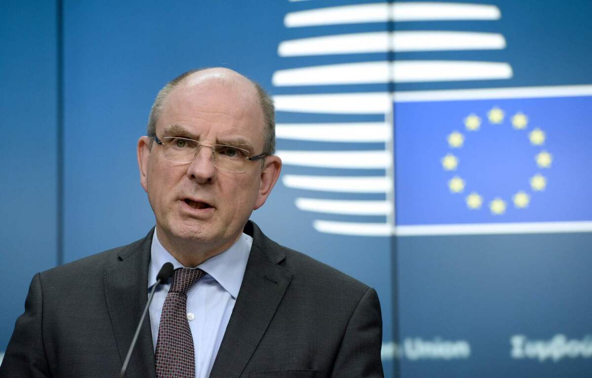 Belgian Justice Minister Koen Geens talks to the media at the end of a meeting of European Union justice and security ministers in Brussels on Thursday.