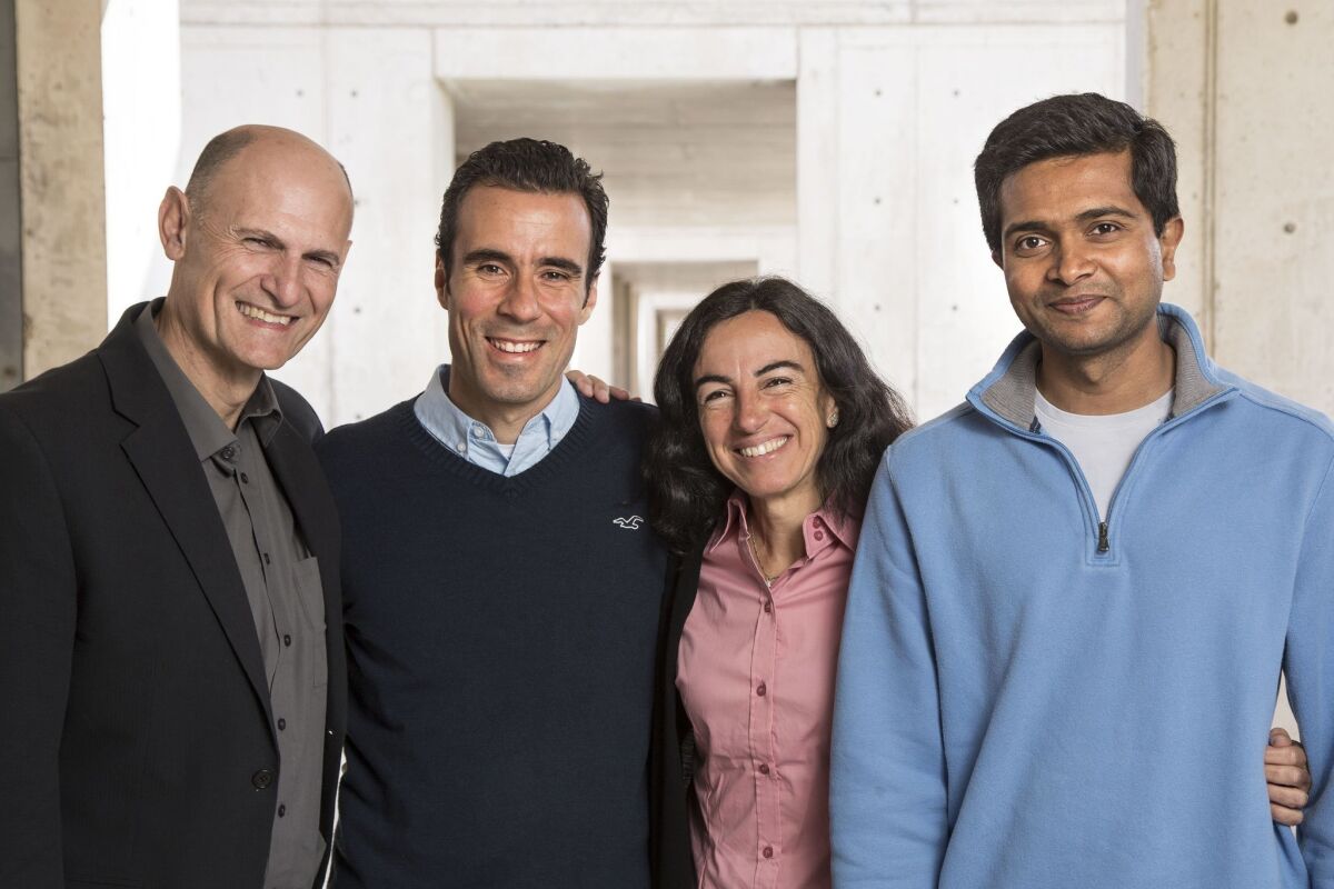 From left, Juan Carlos Izpisua Belmonte, Alejandro Ocamo, Conception Rodriguez Estaban, and Pradeep Reddy, some of the authors of the study on blocking mitochondrial disease inheritance. — Salk Institute