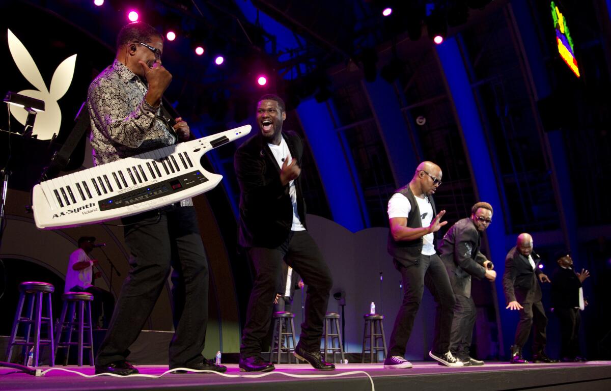 Herbie Hancock joins Naturally 7 onstage during the 2013 edition of the Playboy Jazz Festival at the Hollywood Bowl. For 2014, the L.A. Philharmonic will present and book the event.