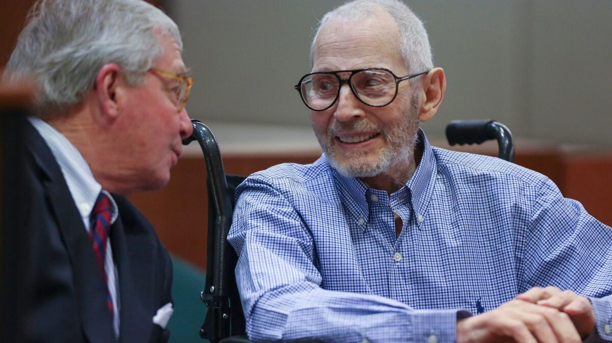 New York real estate mogul Robert Durst, right, in a Los Angeles courtroom earlier this year for a hearing in his murder case.
