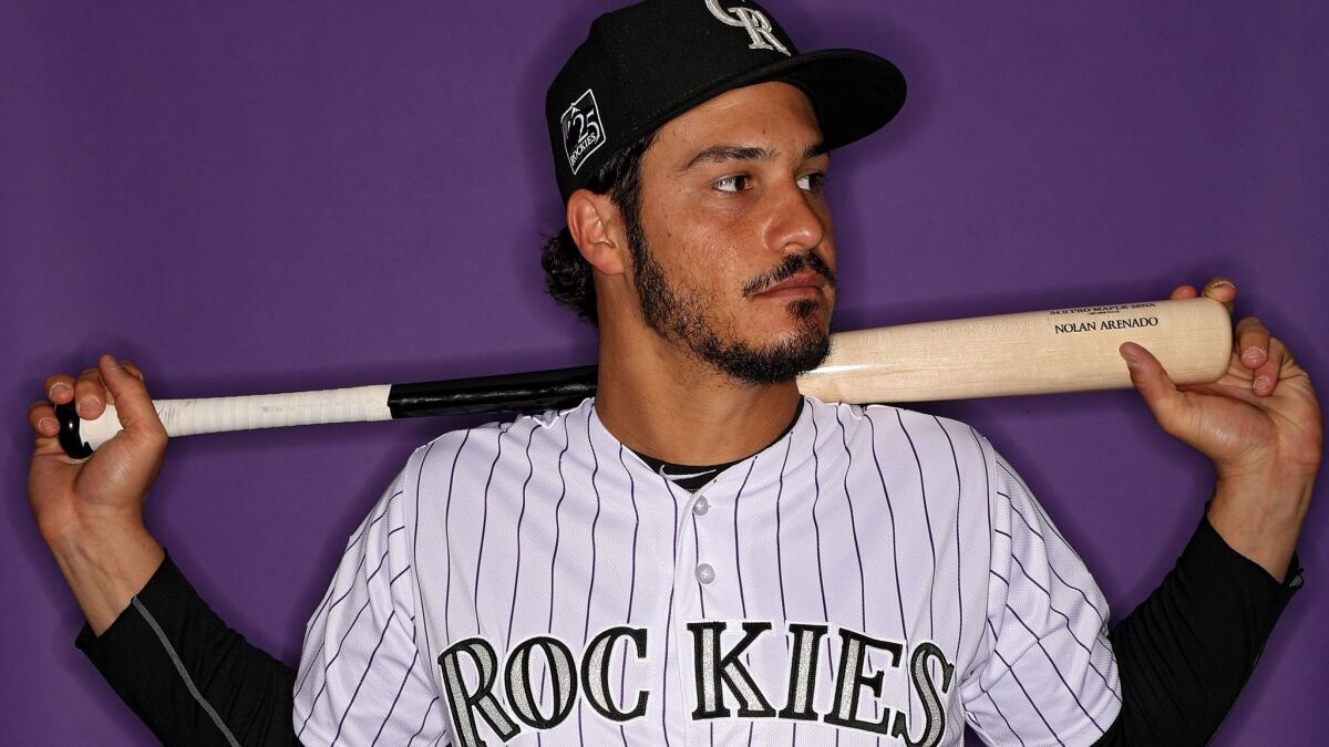 The Rockies' Nolan Arenado poses on photo day during at Salt River Fields at Talking Stick on February 22, 2018 in Scottsdale, Arizona.