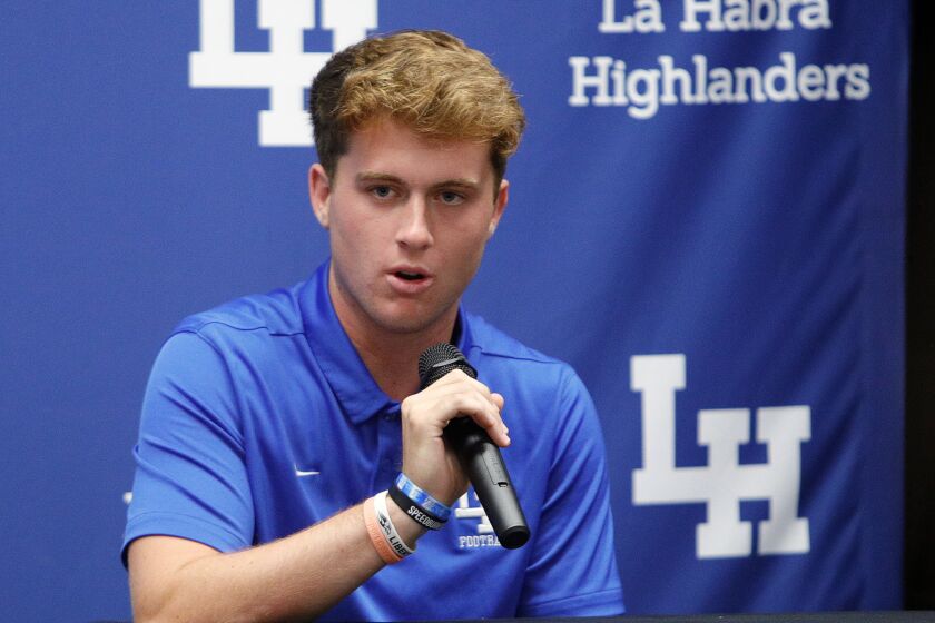 La Habra quarterback Ryan Zanelli answers questions from the media at a first ever area media day at Mission Viejo High School on Wednesday, August 14, 2019. Participating schools were Corona del Mar, La Habra, Yorba Linda, Los Alamitos, Mission Viejo, San Clemente, San Juan Hills, and Tesoro.