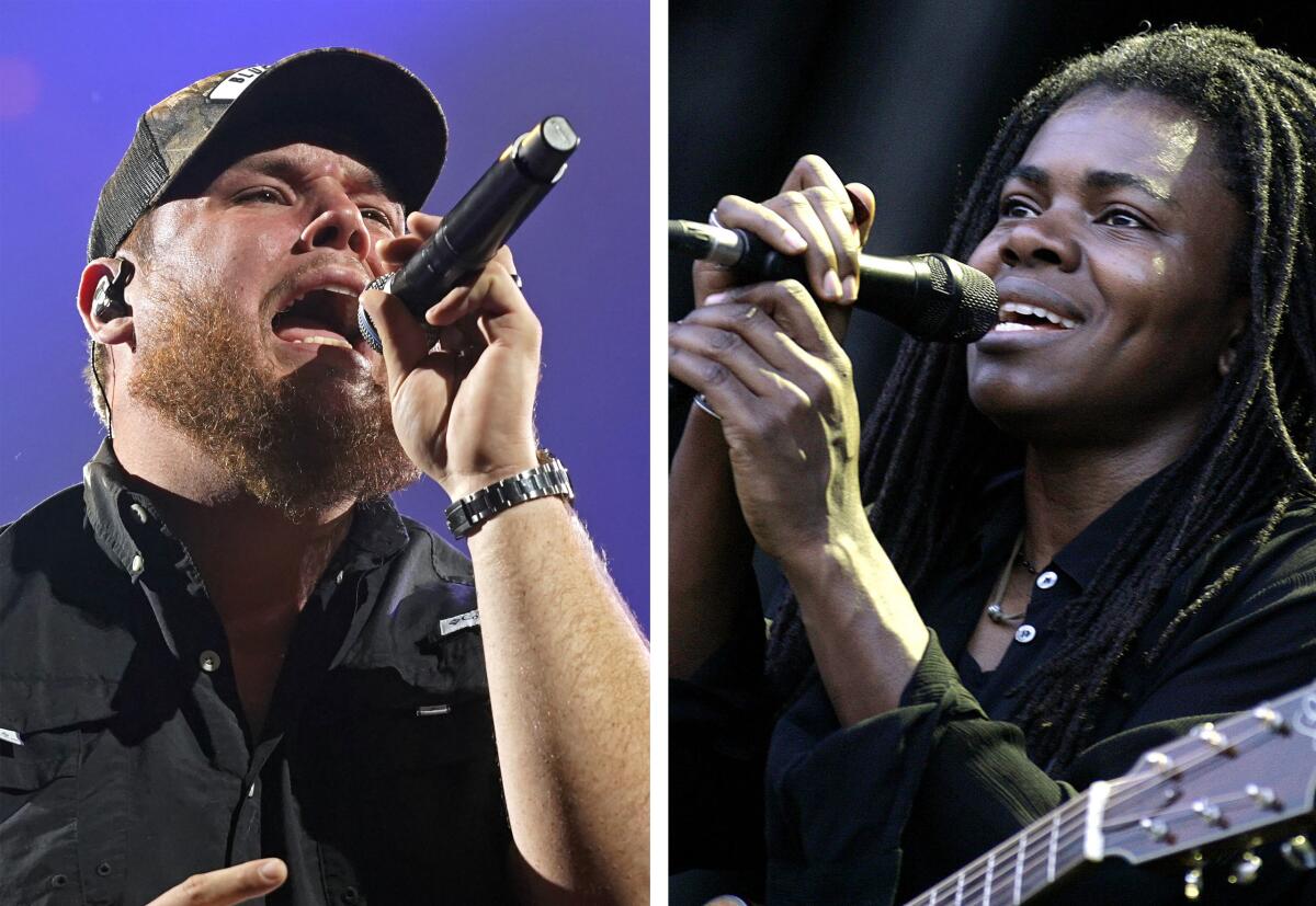 A diptych of Luke Combs, left, and Tracy Chapman, each singing into a handheld microphone