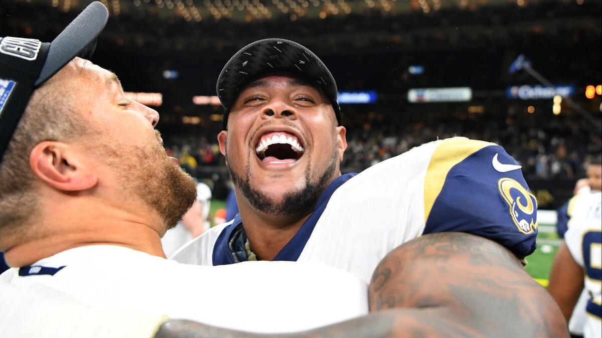 Rams guard Rodger Saffold celebrates after defeating the Saints in the NFC Championship at the Superdome in New Orleans.