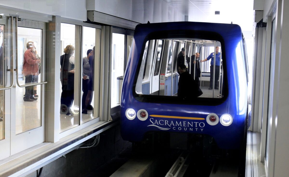 A people mover pulls into the station at Sacramento International Airport's Terminal B.
