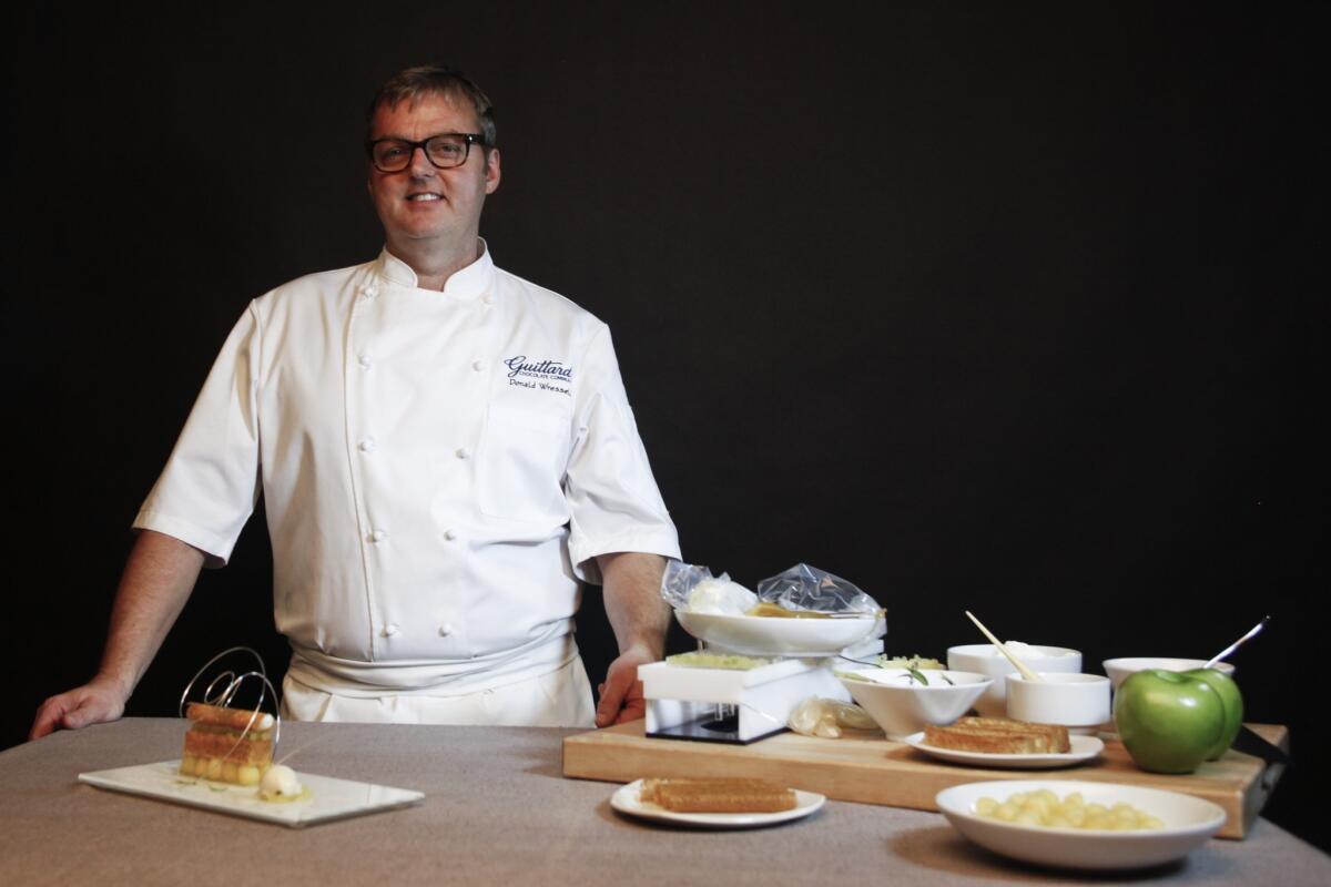 Pastry chef Donald Wressell of Guittard Chocolate Co. created a dessert of hazelnut cake with yuzu poached apples.