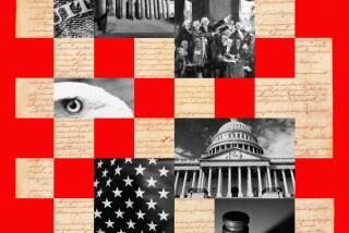 A deconstructed Constitution on top of a red background with different Washington D.C. imagery. 