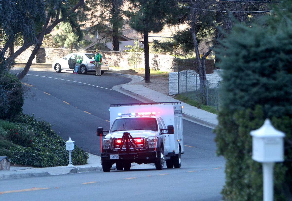 The Montrose Search and Rescue team drives up Ocean View Boulevard instructing residents to evacuate via a loudspeaker and sirens, during a fire drill conducted in the Paradise Valley area of La Cañada Flintridge on Saturday, Jan. 18, 2020.
