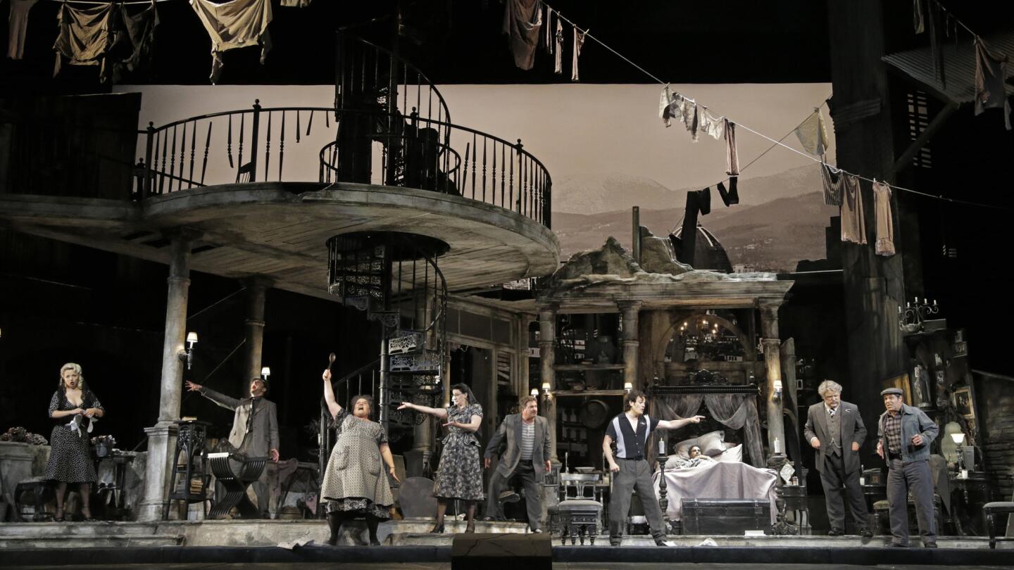 The cast in L.A. Opera's "Gianni Schicchi" at Dorothy Chandler Pavilion. Woody Allen's production of Puccini's "Gianni Schicchi" is paired with Franco Zeffirelli's production of "Pagliacci."