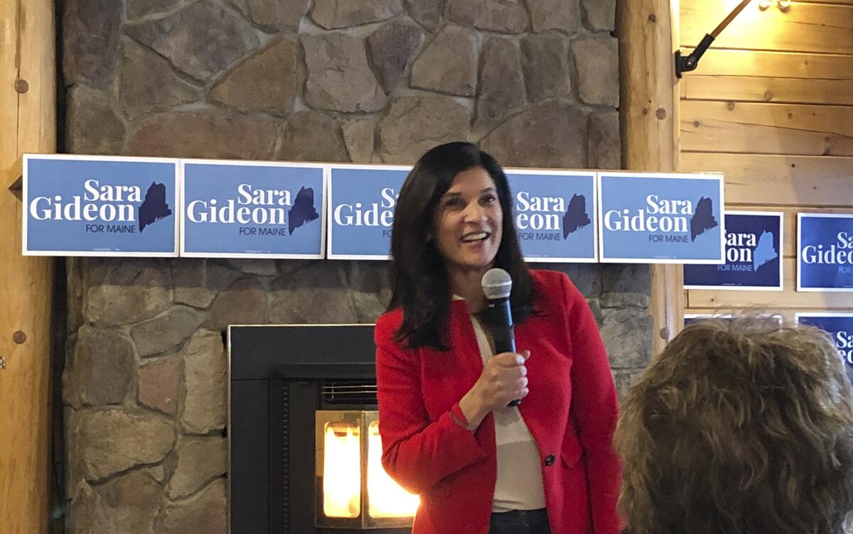Sara Gideon, the Democratic front-runner in the Maine Senate race, addresses a crowd.