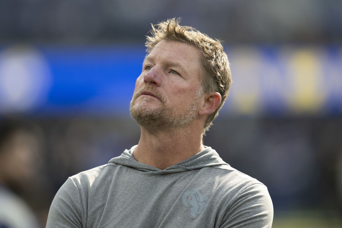 Rams general manager Les Snead looks on before a game against the Arizona Cardinals in October.