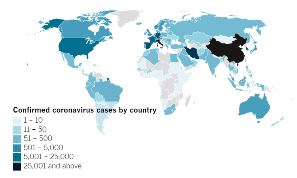 Confirmed COVID-19 cases by country as of 5:30 p.m. PT Wednesday, March 18.
