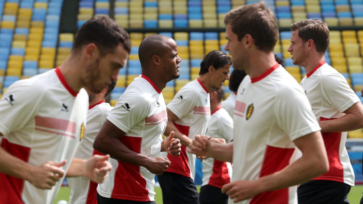 Belgium players take part in a training session Saturday in preparation for Sunday's World Cup match against Russia.