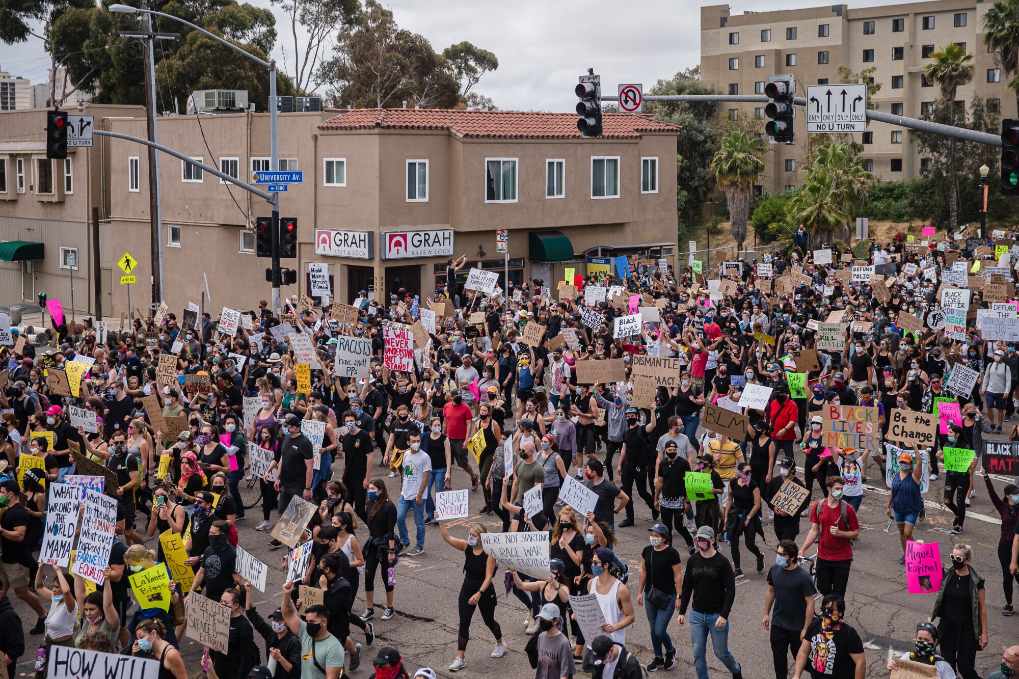 Protesters march in Hillcrest from downtown on June 6, 2020 in San Diego, California. 