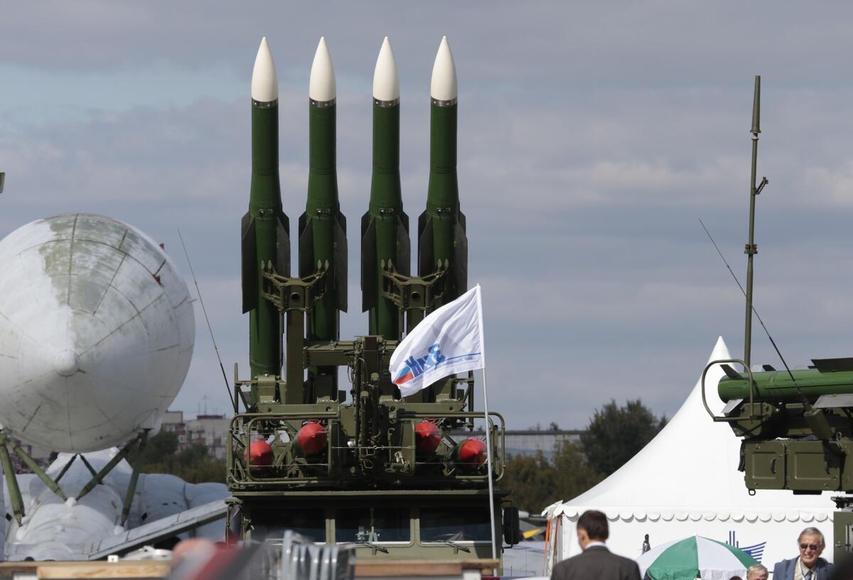 A Russian air defense missile system SA-11 launcher is on display at the 2013 MAKS Air Show in Zhukovsky, outside Moscow.