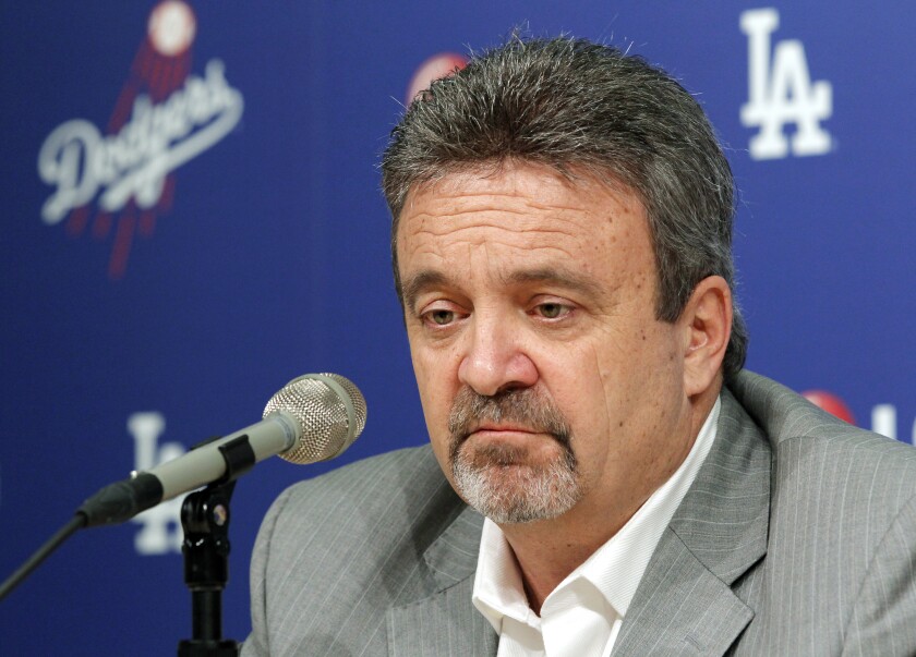 Dodgers General Manager Ned Colletti speaks to the media at Dodger Stadium.