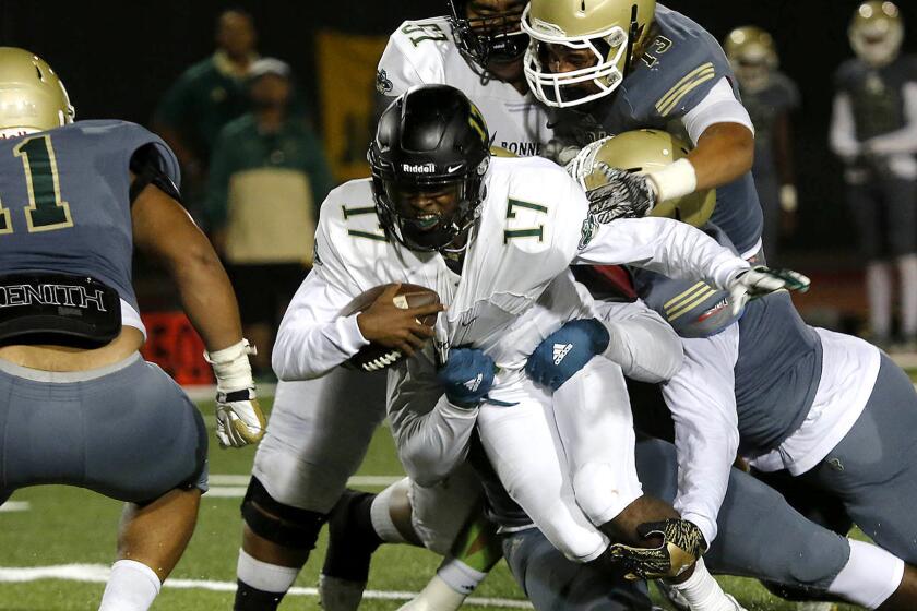 Quarterback Jalen Chatman (17) and unbeaten Narbonne open the City Section playoffs against Arleta on Thursday.