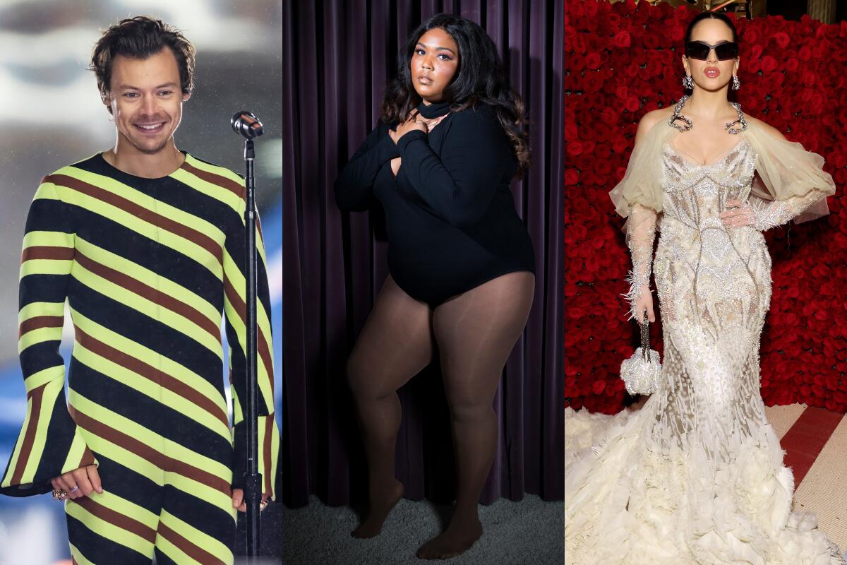 Harry Styles, Lizzo and Rosalia shown in a photo triptych.