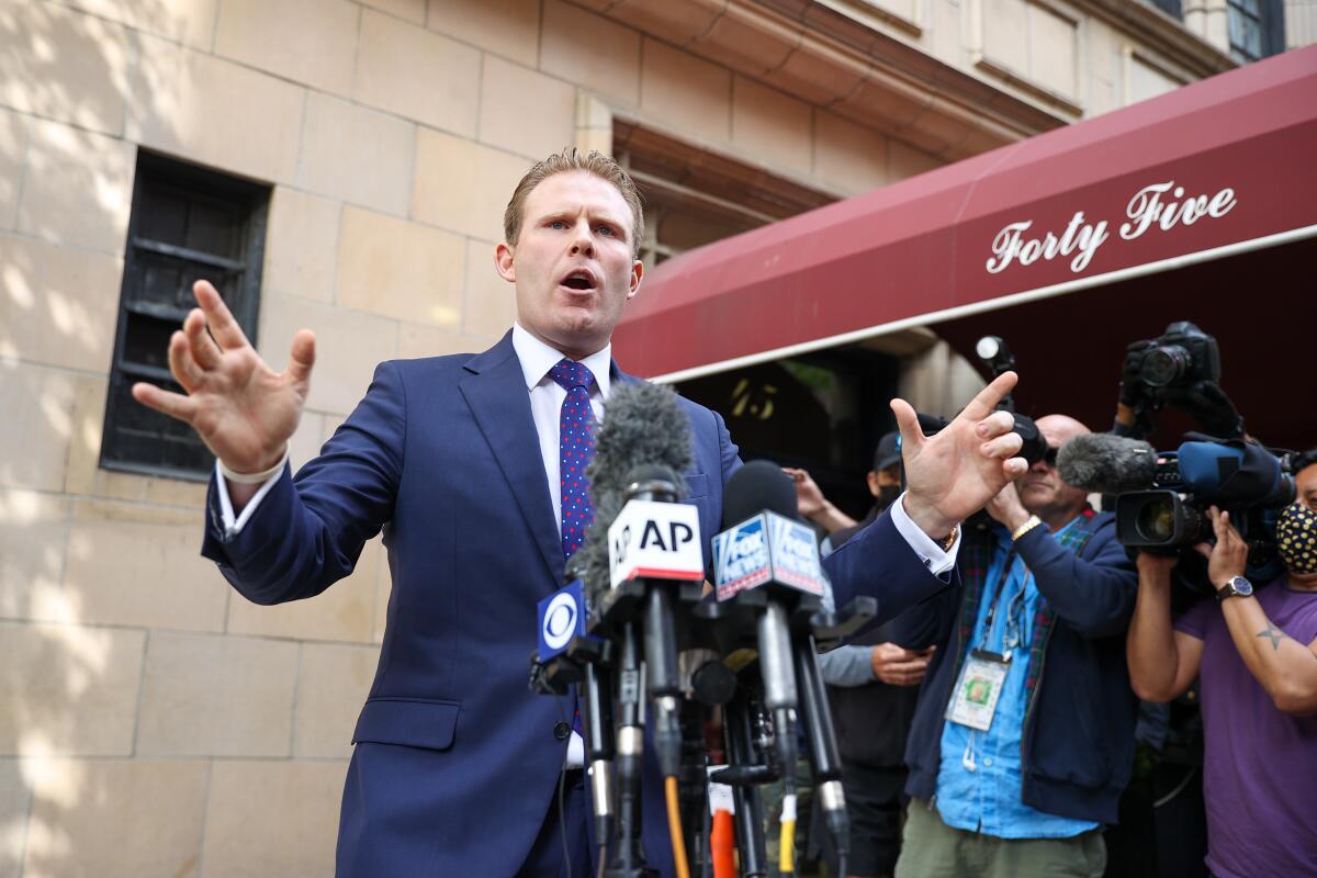 Andrew Giuliani, a candidate for governor in New York, speaks to the press in April 