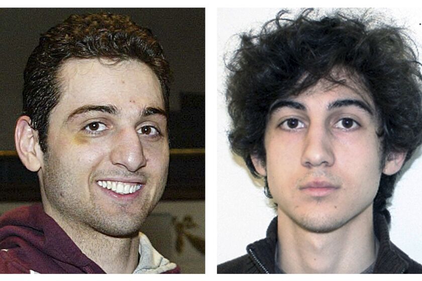 Brothers Tamerlan and Dzhokhar Tsarnaev, suspects in the Boston Marathon bombings on April 15, 2013. Tamerlan Tsarnaev died after a gunfight with police several days later, and Dzhokhar Tsarnaev was captured and is held in a federal prison on charges of using a weapon of mass destruction.