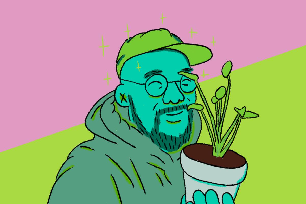 An illustration of L.A. music producer Mark Redito and a houseplant