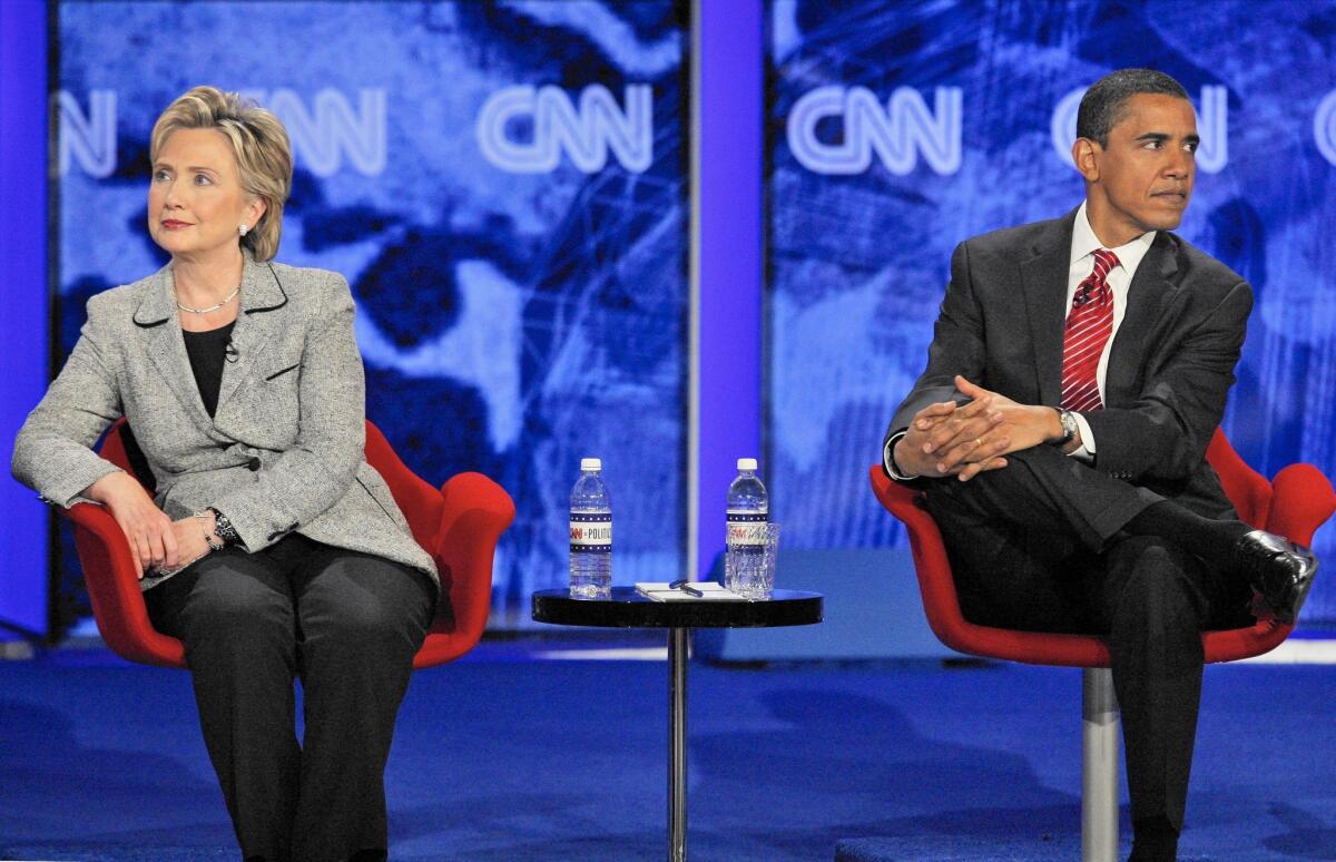Hillary Rodham Clinton and Barack Obama at a Las Vegas debate before Nevada’s acrimonious 2008 Democratic presidential caucuses.