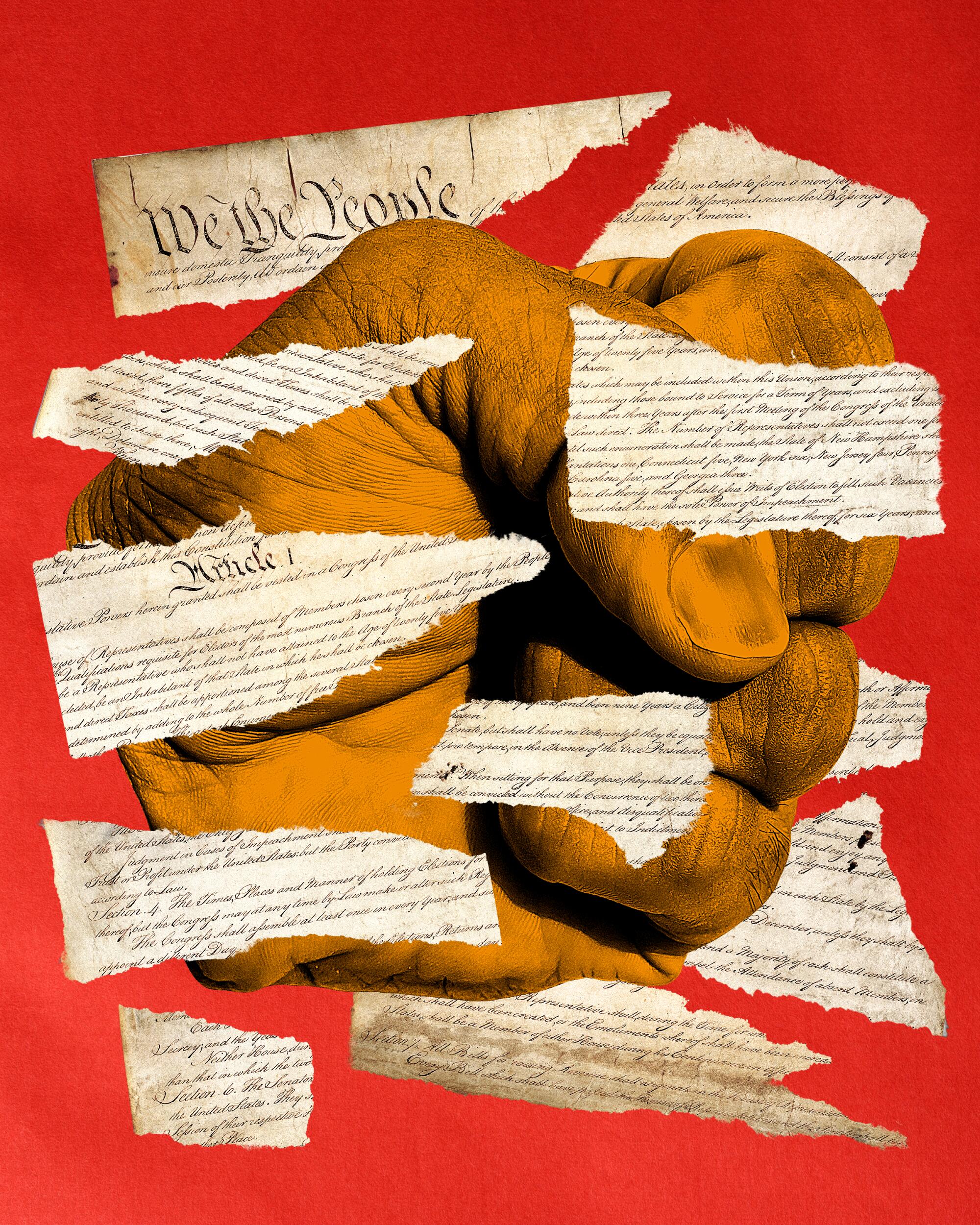 Photo illustration of an orange fist surrounded by torn pieces of the US Constitution on a red background