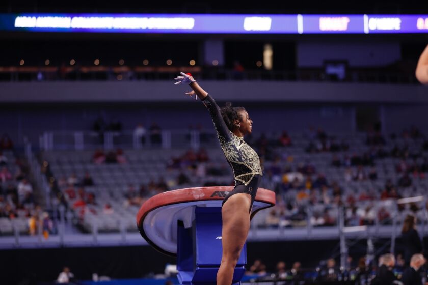 Nia Dennis competes in the NCAA championships in Forth Worth, Texas on April 16, 2021.