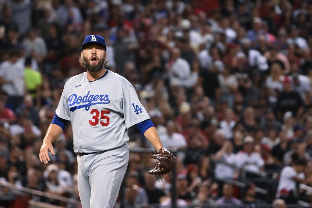 PHOENIX, AZ - October 11: Los Angeles Dodgers Lance Lynn reacts to an out during game three.