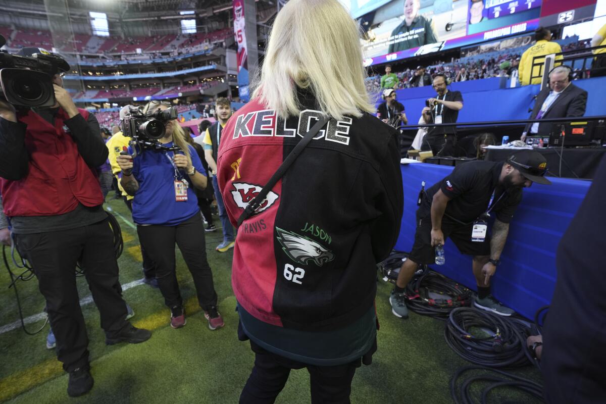 Donna Kelce wore a special half-Chiefs, half-Eagles jacket to support both of her sons at Super Bowl LVII.